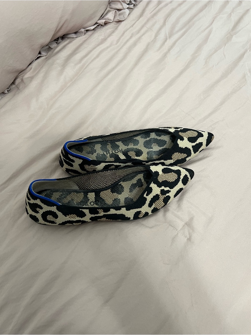 Rothy's Leopard Print Pointed Flats in Black, Cream & Blue Trim